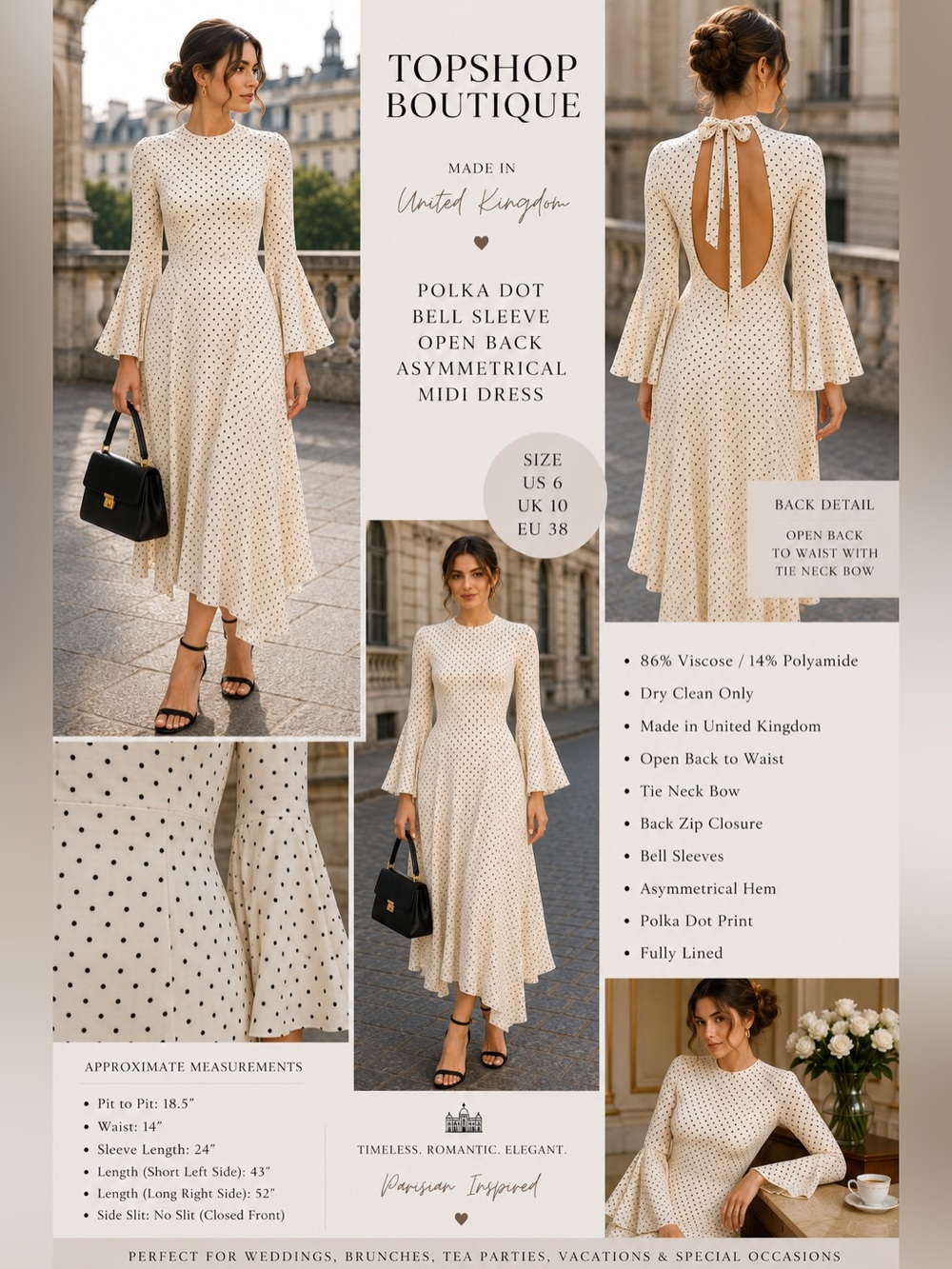 Topshop Boutique Made In UK Polka Dot Bell Sleeve Asymmetrical Dress US 6